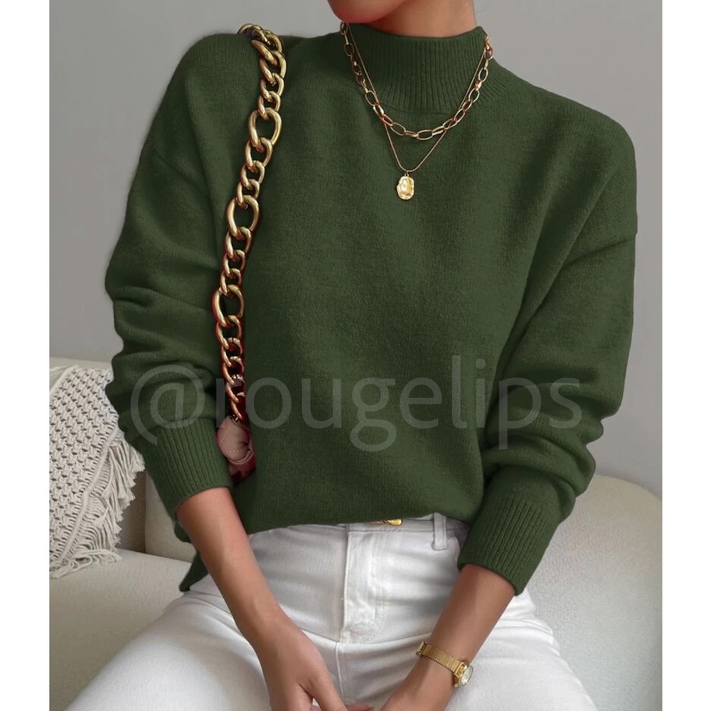 Green Turtleneck Knit Pullover Sweater Long Sleeve